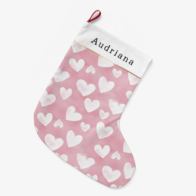 Grande Chaussette De Noël Jolis coeurs roses blancs de Noël (Devant (Accrochage))
