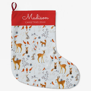 Grande Chaussette De Noël Jote Rouge & Bleu Bois animaux motif