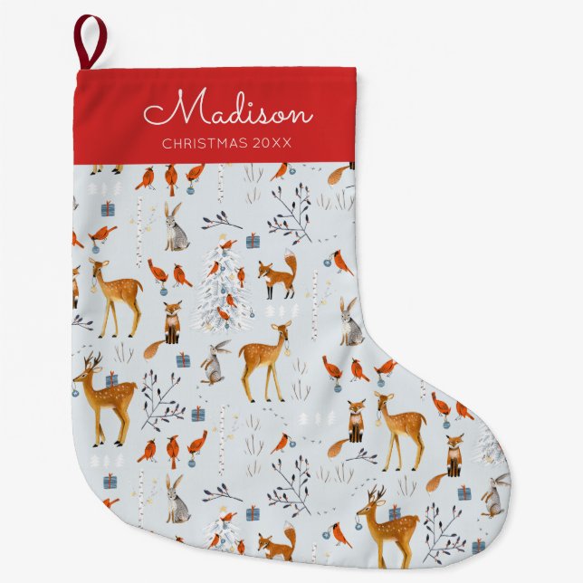 Grande Chaussette De Noël Jote Rouge & Bleu Bois animaux motif (Devant)