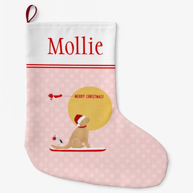 Grande Chaussette De Noël Jour de Noël Plage Surf Chien Rose Stocking (Devant)