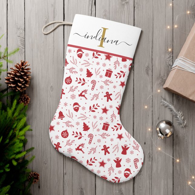 Grande Chaussette De Noël Jours fêtes festives Monogrammes (Christmas Elements Monogram Pattern Stocking)
