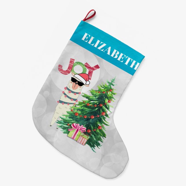Grande Chaussette De Noël Joy Typography | Llama de Noël derrière un arbre (Devant (Accrochage))