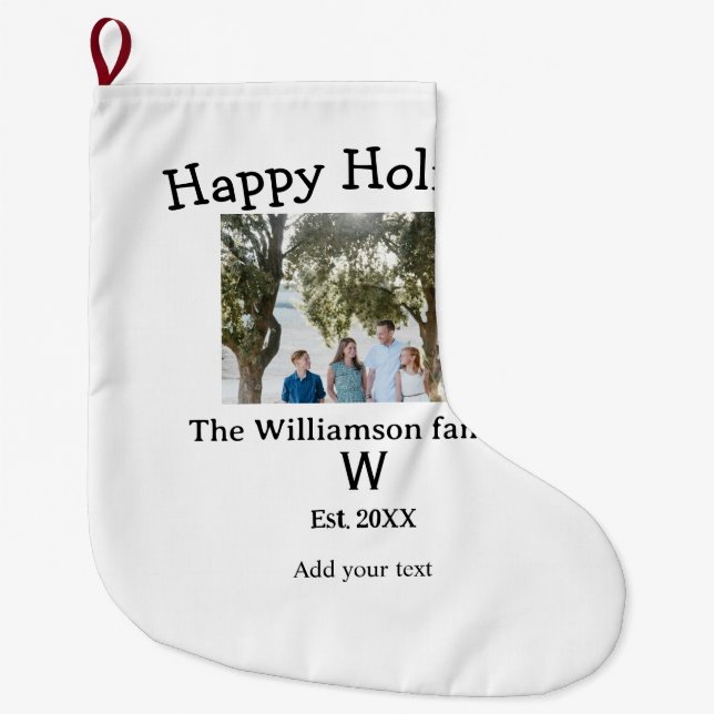 Grande Chaussette De Noël Joyeuses vacances famille photo renuion nom lettre (Devant)