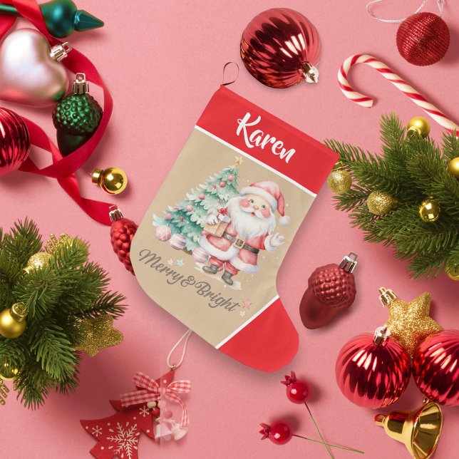 Grande Chaussette De Noël Joyeux et brillant Père Noël Rouge Noël (Merry & Bright Santa Claus Red Christmas Large Christmas Stocking)