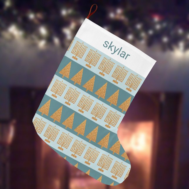 Grande Chaussette De Noël Joyeux Motif Gold Blue Vacances (Créateur téléchargé)