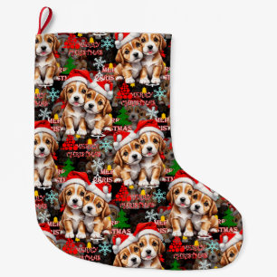 Grande Chaussette De Noël Joyeux Noël Chapeau de Père Noël Chien Design - No
