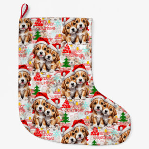 Grande Chaussette De Noël Joyeux Noël Chapeau de Père Noël Design Chien - Bl