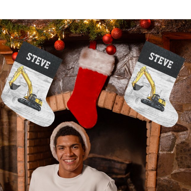 Grande Chaussette De Noël Joyeux Noël Construction Excavateur Nom Hommes (Cool one of a kind excavator Christmas stocking.)