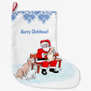 Grande Chaussette De Noël Joyeux Noël - Père Noël avec chat et chien