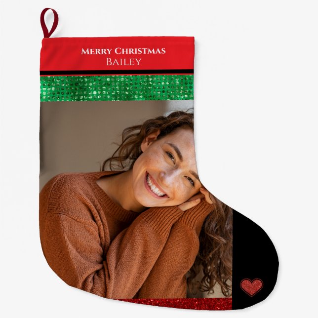 Grande Chaussette De Noël Joyeux Noël Photo personnalisée et nom (Devant)