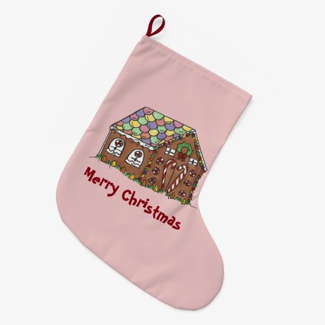 Grande Chaussette De Noël Joyeux Noël rose pain d'épices Maison de vacances (Devant (Accrochage))