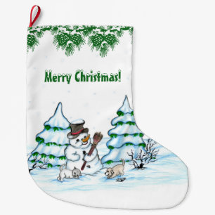 Grande Chaussette De Noël Joyeux Noël ! Snowman avec chat et chiot