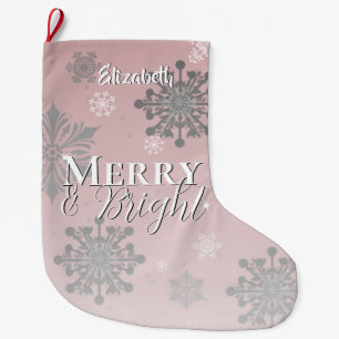 Grande Chaussette De Noël Joyeux rose et flèches de neige brillantes