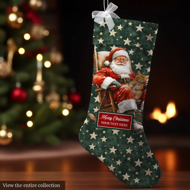 Grande Chaussette De Noël Joyful Santa Claus Noël Stocker Nom personnalisé (Joyful Santa Claus Christmas Stocking Custom Name in Red)