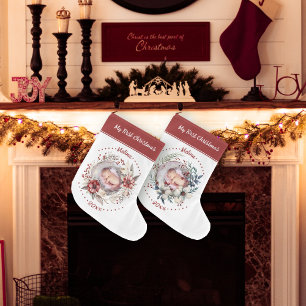 Grande Chaussette De Noël La couronne avec la première photo de Noël du bébé