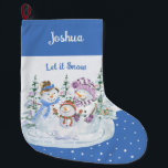 Grande Chaussette De Noël Laisser neiger heureux Snowman Famille Blue<br><div class="desc">Boucle de Noël personnalisée avec Let it Neige scène de bonhomme de neige sur bleu et arrière - plan de neige. Cette jolie aquarelle est composée d'une famille heureuse d'hommes de neige et d'arbres de Noël et vous pouvez personnaliser avec un nom.</div>