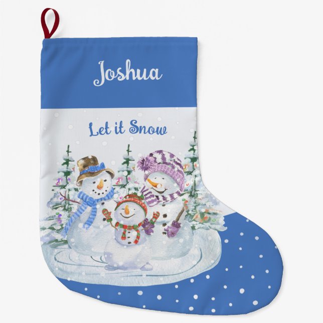 Grande Chaussette De Noël Laisser neiger heureux Snowman Famille Blue (Devant)