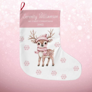Grande Chaussette De Noël Le 1er Noël de bébé Flocons de neige roses Cerf de
