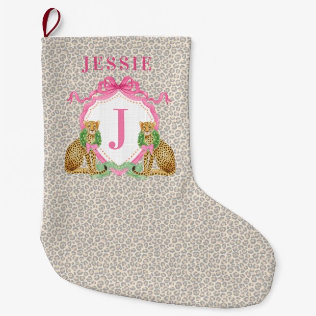 Grande Chaussette De Noël Leopard Christmas Wreath Monogram With Name (Devant)