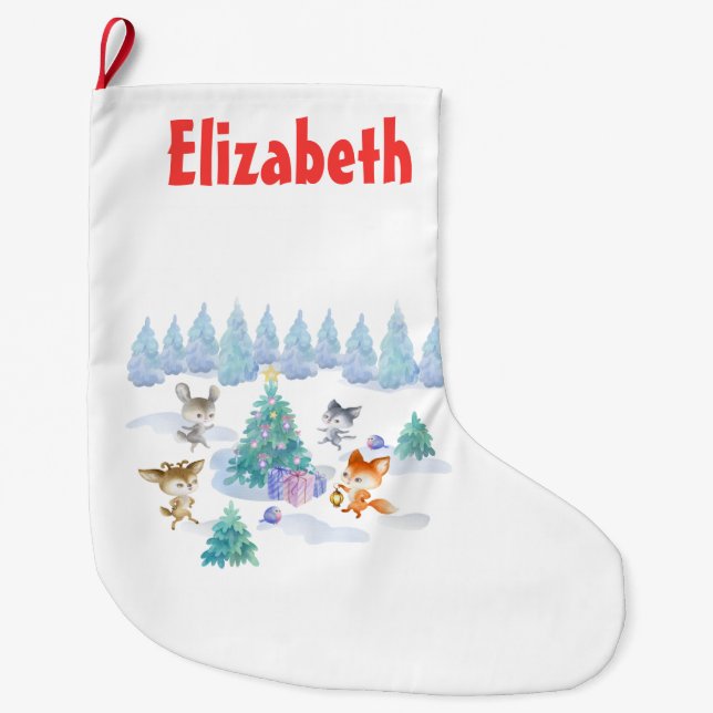 Grande Chaussette De Noël Les Animaux De Forêt Dansant Autour De L'Arbre De  (Devant)