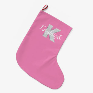 Grande Chaussette De Noël Lettre Parties scintillant en argent rose K