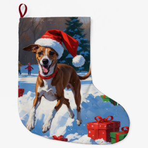 Grande Chaussette De Noël Lévrier Greyhound courant dans la neige avec un ch