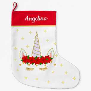 Grande Chaussette De Noël Licorne, fleurs de Poinsettia et étoiles sur fond