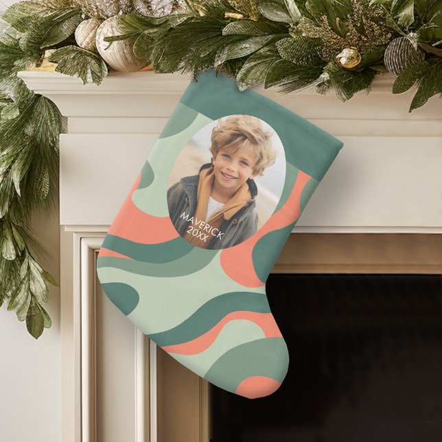 Grande Chaussette De Noël Ligne biologique Art Abstrait - 1 Photo Jade Tange (Personalized Photo Christmas Stocking with Organic Curves and Wavy Line Art)