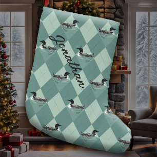 Grande Chaussette De Noël Loon Birds Jacquard Turquoise doux Motif Lac Cabin