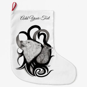 Grande Chaussette De Noël Loup blanc avec art tribal coréen