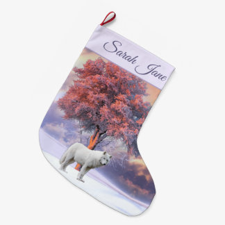 Grande Chaussette De Noël Loup blanc en hiver | Stockage de Noël rose