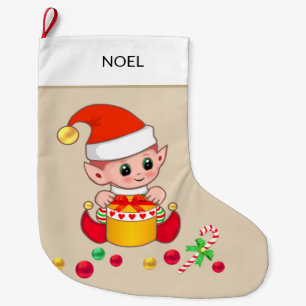 Grande Chaussette De Noël Lutin de Noël avec boules de Noël sur fond beige