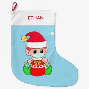 Grande Chaussette De Noël Lutin de Noël avec masque facial sur fond bleu cla