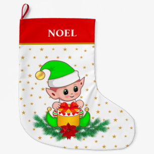 Grande Chaussette De Noël Lutin de Noël, étoiles, poinsettia et pin sur fond