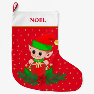 Grande Chaussette De Noël Lutin de Noël, étoiles, poinsettia et pin sur fond