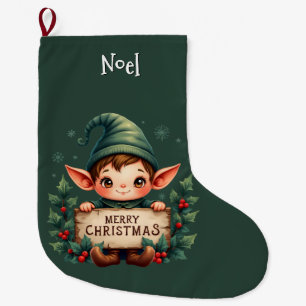 Grande Chaussette De Noël Lutin de Noël mignon tenant un panneau vert "Joyeu