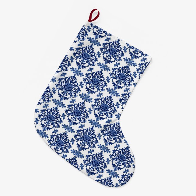 Grande Chaussette De Noël Luxury Royal Blue and White Baroque Floral Pattern (Devant (Accrochage))