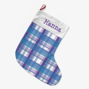 Grande Chaussette De Noël Madras Plaid Blue et Purple