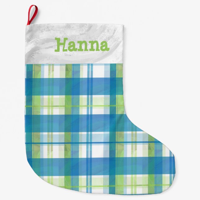 Grande Chaussette De Noël Madras Plaid Green et Blue (Devant)