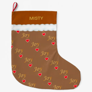 Grande Chaussette De Noël Magnifique motif de cœur de joie sur marron