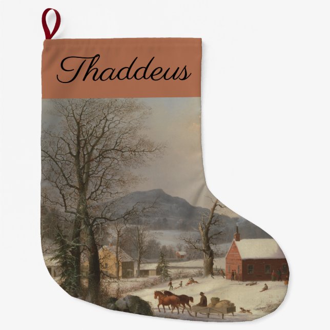 Grande Chaussette De Noël Maison d'école rouge (Scène champêtre) : (Devant)