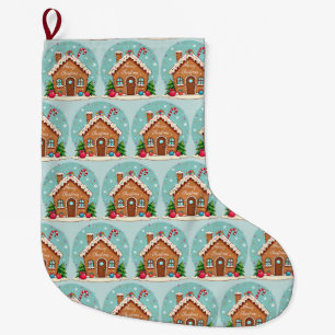 Grande Chaussette De Noël Maison en pain d'épices fantaisiste scène de Noël
