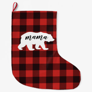 Grande Chaussette De Noël Maman rustique Bear Red et plaid de Buffalo noir