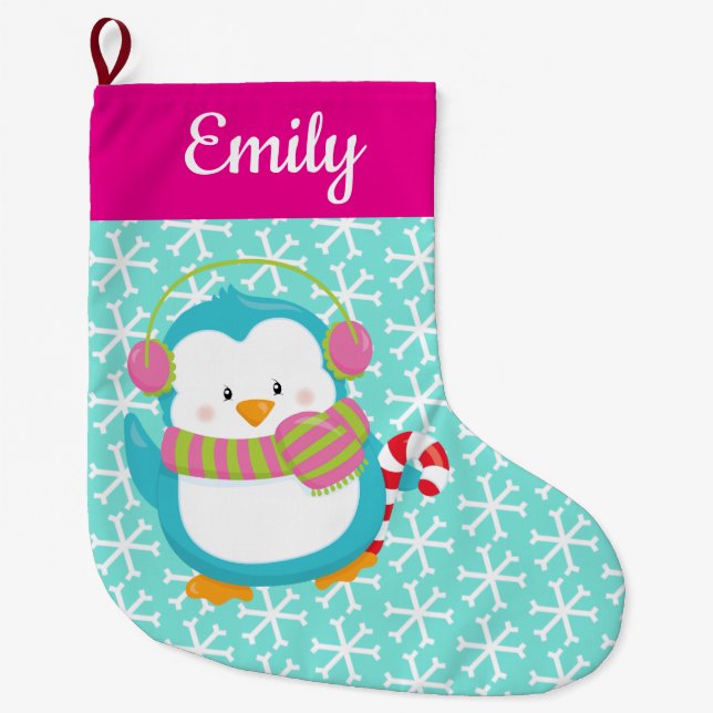 Grande Chaussette De Noël Manchot de vacances heureux (Devant)