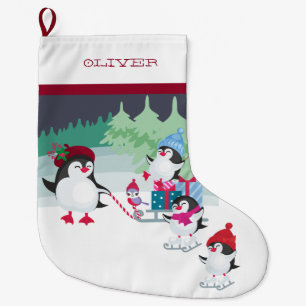 Grande Chaussette De Noël Manchots avec traîneau plein de cadeaux de Noël