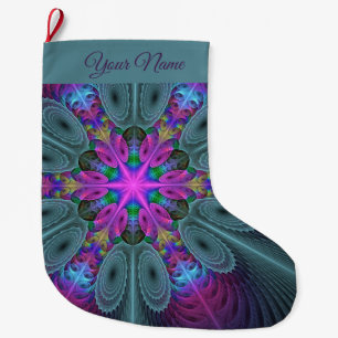 Grande Chaussette De Noël Mandala Art Fractal Coloré Avec Son Propre Nom Ros