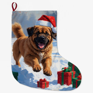 Grande Chaussette De Noël Mastiff Tibétain Courant dans la Neige avec un Cha