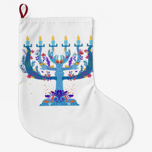Grande Chaussette De Noël menorah à fleurs hanoukka