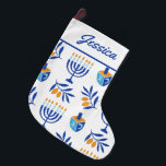 Grande Chaussette De Noël Menorah blanc et bleu et Dreidel Hanoukka Stocking<br><div class="desc">Menorah blanc et bleu et Dreidel Hanoukka Stocking</div>