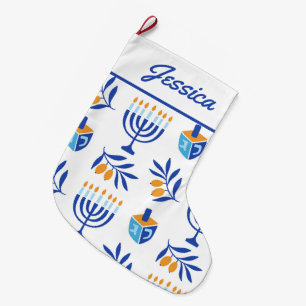 Grande Chaussette De Noël Menorah blanc et bleu et Dreidel Hanoukka Stocking